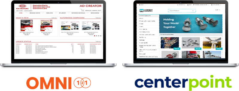 Omni 121 and CenterPoint Through Channel Marketing Automation interfaces on a monitor